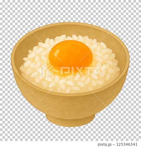 Watercolor illustration of raw egg on rice (white rice and raw egg) 125346341