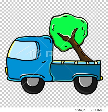Blue truck delivering a large tree cartoon color illustration 125346806