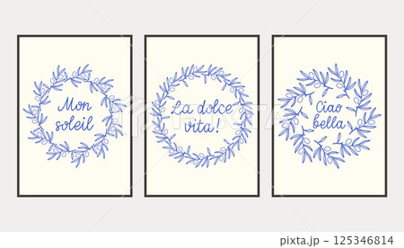 La dolce vita doodles placard or poster set with simple branches. Vector illustration of italian style hand drawn posters. Wall art prints decor. Illustration for invitations, menus design. La dolce vita doodles placard or poster set with simple branches. Vector illustration of italian style hand drawn posters. Wall art prints decor. Illustration for invitations, menus design. 125346814