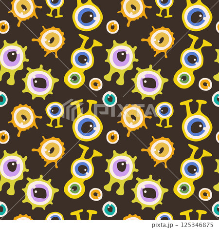 Colorful seamless pattern with cute aliens and eyes oa a dark background. 125346875