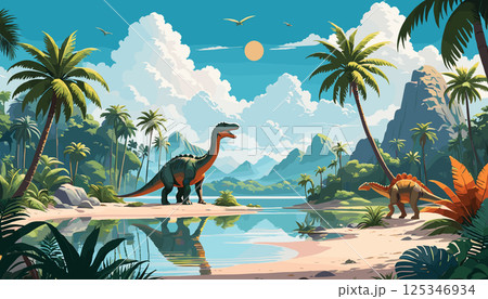 Prehistoric Jungle with Dinosaurs and Tropical Landscape Prehistoric Jungle with Dinosaurs and Tropical Landscape 125346934