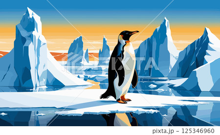 Penguin Standing on Iceberg in Arctic Landscape 125346960