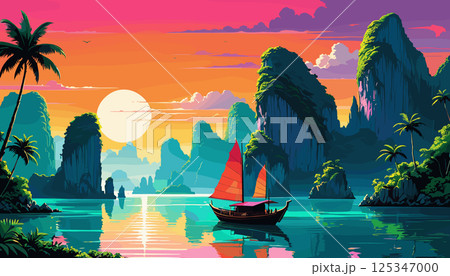 Scenic Tropical Bay at Sunset with Boat 125347000