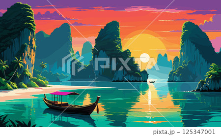 Scenic Tropical Bay at Sunset with Boat 125347001