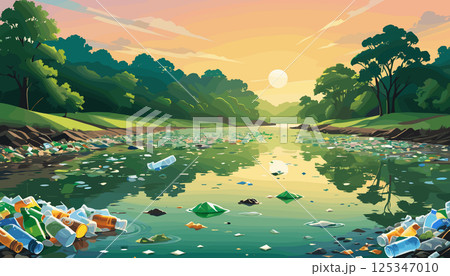 Polluted River with Plastic Waste at Sunset 125347010