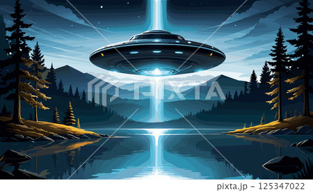UFO Hovering Over Mountain Lake at Night UFO Hovering Over Mountain Lake at Night 125347022