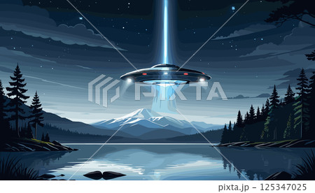 UFO Hovering Over Mountain Lake at Night UFO Hovering Over Mountain Lake at Night 125347025