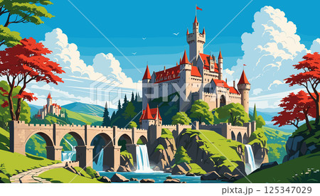 Majestic Castle on Rocky Hill with Waterfall 125347029