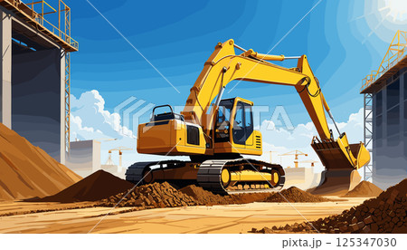 Heavy Excavator at Construction Site Under Clear Sky 125347030