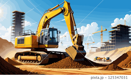 Heavy Excavator at Construction Site Under Clear Sky 125347031