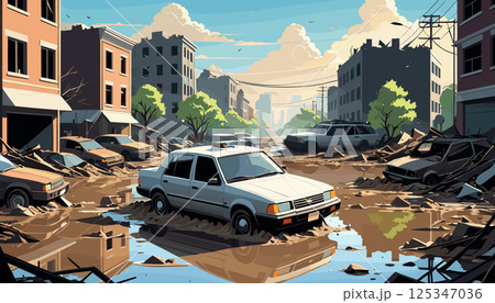 Flooded Urban Street with Damaged Buildings and Cars 125347036