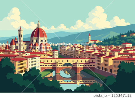 Florence Cathedral and Ponte Vecchio Over the Arno River 125347112