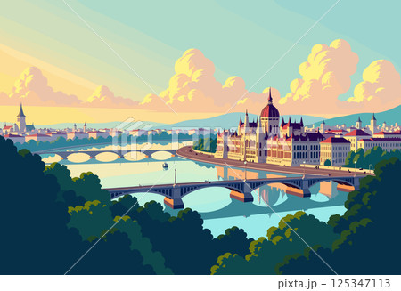 Hungarian Parliament and Chain Bridge Over the Danube 125347113