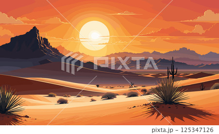 Desert Sunset with Mountains and Cactus 125347126
