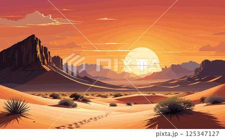 Desert Sunset with Mountains and Cactus 125347127