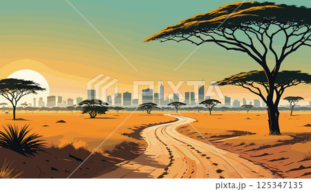 African Savannah with City Skyline at Sunset 125347135