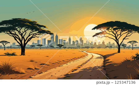 African Savannah with City Skyline at Sunset 125347136