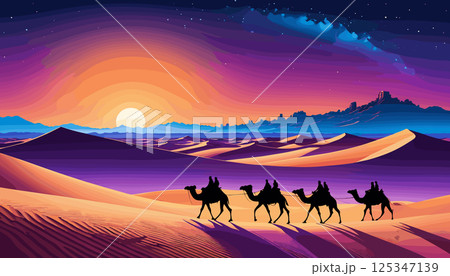 Camel Caravan at Sunset in Desert 125347139