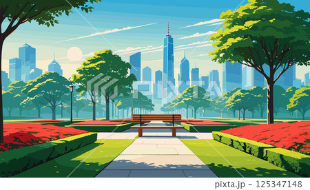 Urban Park with Benches and City Skyline 125347148