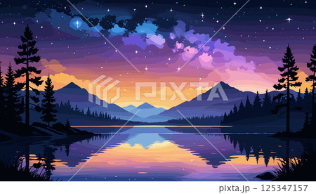 Tranquil Mountain Lake at Sunset with Starry Sky 125347157