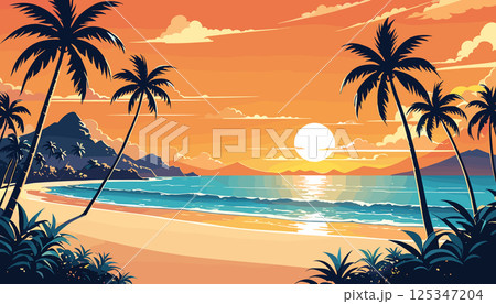 Tropical Sunset Beach with Palm Trees and Mountains 125347204
