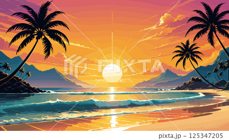 Tropical Sunset Beach with Palm Trees and Mountains 125347205