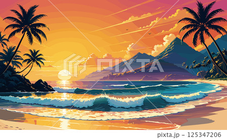 Tropical Sunset Beach with Palm Trees and Mountains 125347206