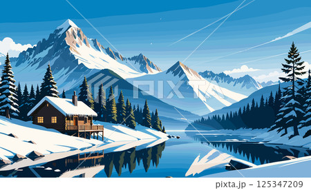 Cozy Winter Cabin by Snowy Mountain Lake 125347209