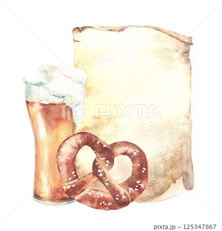 Glass of Beer with pretzel against a piece of paper. Foamy alcohol drinks and snacks beergarden menu. Germany bretzel with salt. Watercolor hand drawn illustration at Oktoberfest Isolated from 125347867
