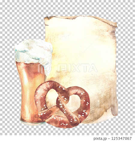 Glass of Beer with pretzel against a piece of paper. Foamy alcohol drinks and snacks beergarden menu. Germany bretzel with salt. Watercolor hand drawn illustration at Oktoberfest Isolated from 125347867