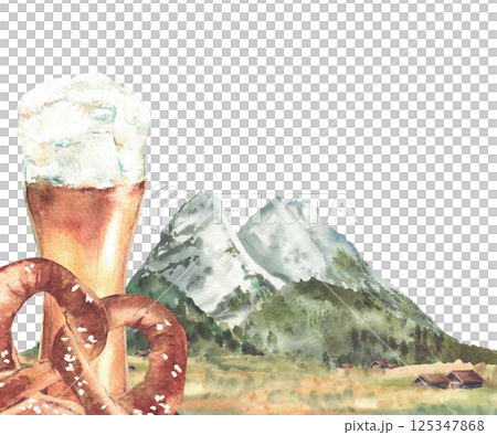 Glass of Beer with pretzel against the background of Bavarian Zugspitze. Alpine mountains landscape. Watercolor German traditional landmark. Oktoberfest drink and snack. Painted isolated illustration 125347868