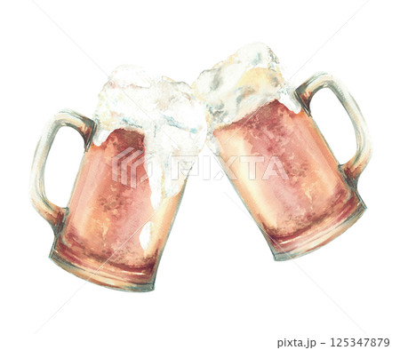 Toasting beer mugs with splash foamy drinks. Watercolor two drink glasses beer festival illustration. Pint of ale, craft beer. Traditional beverage at Oktoberfest design. Hand drawn isolated clipart 125347879