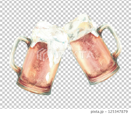 Toasting beer mugs with splash foamy drinks. Watercolor two drink glasses beer festival illustration. Pint of ale, craft beer. Traditional beverage at Oktoberfest design. Hand drawn isolated clipart 125347879