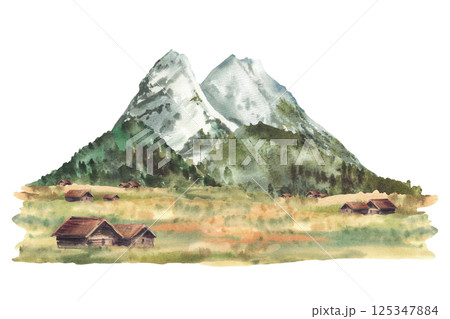 Zugspitze alpine mountains landscape. Watercolor Mountains peaks, rocks. Traditional Cabins, huts on the forested hills and pasture fields German or Bavarian landmark. Hand drawn isolated illustration Zugspitze alpine mountains landscape. Watercolor Mountains peaks, rocks. Traditional Cabins, huts on the forested hills and pasture fields German or Bavarian landmark. Hand drawn isolated illustration 125347884