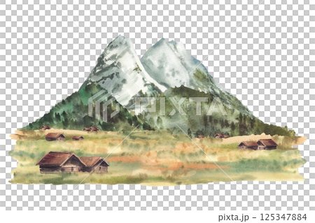 Zugspitze alpine mountains landscape. Watercolor Mountains peaks, rocks. Traditional Cabins, huts on the forested hills and pasture fields German or Bavarian landmark. Hand drawn isolated illustration Zugspitze alpine mountains landscape. Watercolor Mountains peaks, rocks. Traditional Cabins, huts on the forested hills and pasture fields German or Bavarian landmark. Hand drawn isolated illustration 125347884