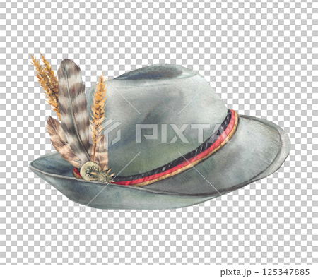 Mens Hat with feathers, spikes of malt and brooch. Traditional Headwear in Bavarian. Ribbons in color of German flag gold, red, black strips. Watercolor painted illustration isolated from background Mens Hat with feathers, spikes of malt and brooch. Traditional Headwear in Bavarian. Ribbons in color of German flag gold, red, black strips. Watercolor painted illustration isolated from background 125347885