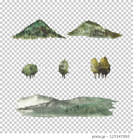 Watercolor forested mountains, hills, silhouettes of distant trees for landscape design. Green, brown nature landscape elements set. Hand drawn isolated from background illustration for card print. Watercolor forested mountains, hills, silhouettes of distant trees for landscape design. Green, brown nature landscape elements set. Hand drawn isolated from background illustration for card print. 125347893