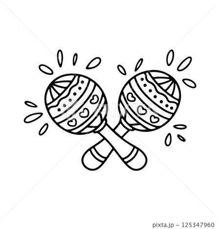 Mexican Pair of maracas with decorative patterns. Hand-drawn doodle with bold lines. Perfect for music, Latin party, or cultural celebration illustrations. 125347960