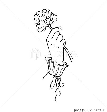 Delicate female hand in vintage ruffled sleeve gently holding flower. Minimalist doodle vector with curved outline. Ideal for feminine branding and boho design. 125347964