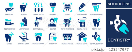Dentistry icon set. Vector graphics collection with tooth, dentist, implant, braces, clinic and more. Two-color icons easily adapt to your design. Dentistry icon set. Vector graphics collection with tooth, dentist, implant, braces, clinic and more. Two-color icons easily adapt to your design. 125347977