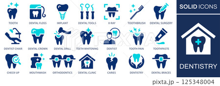 Dentistry icon set. Collection of implant, orthodontics, caries, braces and more. Vector illustration. Easily changes to any color. Dentistry icon set. Collection of implant, orthodontics, caries, braces and more. Vector illustration. Easily changes to any color. 125348004