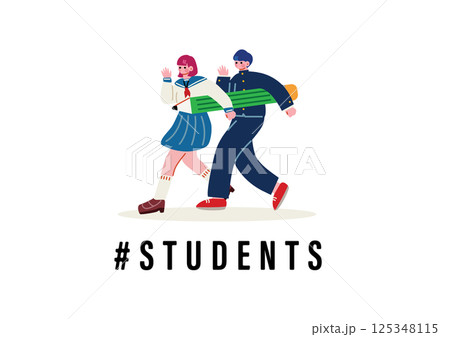 大きな鉛筆を運ぶ制服を着た男女の学生 125348115