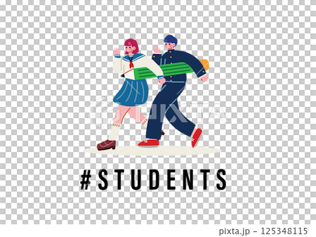 Male and female students in uniform carrying large pencils Male and female students in uniform carrying large pencils 125348115