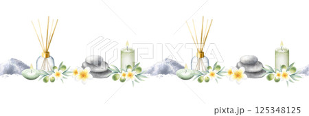 Aroma diffuser, sea salt, candles, stack pebbles, frangipani flowers and olive branches. Hand drawn watercolor isolated seamless border for spa salon, packaging tape. Drawing of relaxation products. 125348125