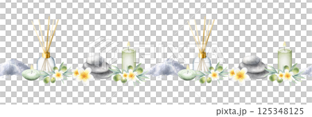 Aroma diffuser, sea salt, candles, stack pebbles, frangipani flowers and olive branches. Hand drawn watercolor isolated seamless border for spa salon, packaging tape. Drawing of relaxation products. 125348125