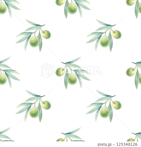 Olive branches with leaves and fruits in realistic style seamless pattern. Hand drawn botanical greenery watercolor isolated illustration with green olives for healthy food packaging, fabric print. Olive branches with leaves and fruits in realistic style seamless pattern. Hand drawn botanical greenery watercolor isolated illustration with green olives for healthy food packaging, fabric print. 125348126