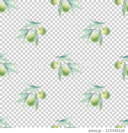 Olive branches with leaves and fruits in realistic style seamless pattern. Hand drawn botanical greenery watercolor isolated illustration with green olives for healthy food packaging, fabric print. Olive branches with leaves and fruits in realistic style seamless pattern. Hand drawn botanical greenery watercolor isolated illustration with green olives for healthy food packaging, fabric print. 125348126