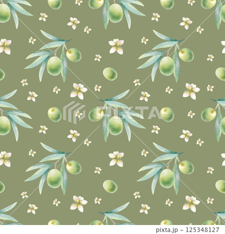 Olive branches with leaves, fruits and flowers watercolor seamless pattern on dark olive color. Hand drawn botanical illustration with green olives for organic food and natural cosmetic packaging. Olive branches with leaves, fruits and flowers watercolor seamless pattern on dark olive color. Hand drawn botanical illustration with green olives for organic food and natural cosmetic packaging. 125348127