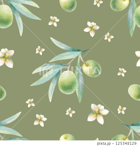 Olive branches with leaves, fruits and flowers watercolor seamless pattern on dark olive color. Hand drawn botanical illustration with green olives for healthy food and organic cosmetic packaging. 125348129