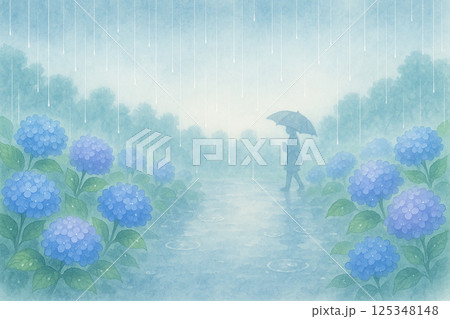 雨の日に咲く紫陽花と傘をさした人の水彩風イラスト（梅雨の情景） 125348148